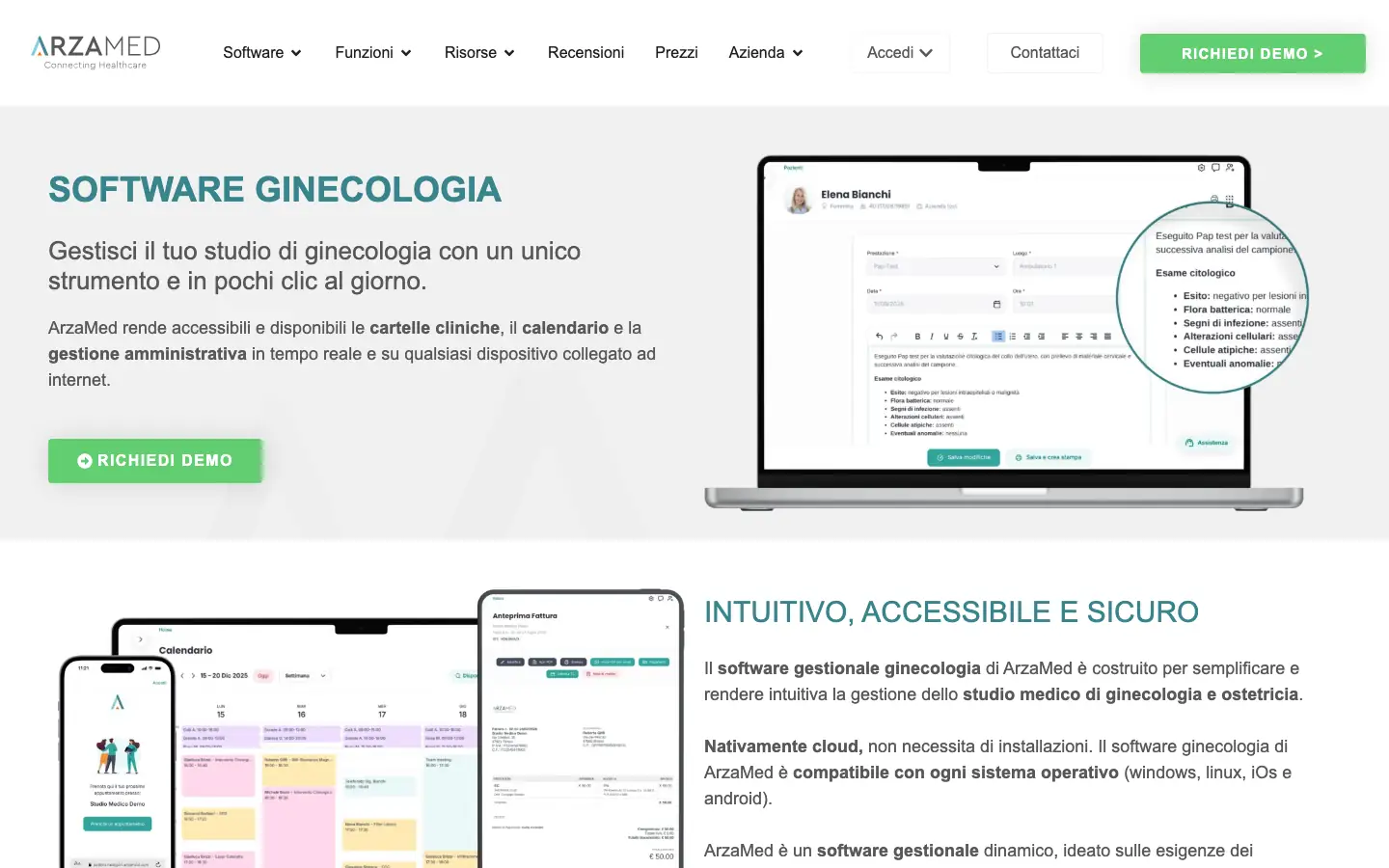 Pagina di ArzaMed dedicata al software per ginecologia, con la schermata di una scheda paziente su un computer portatile
