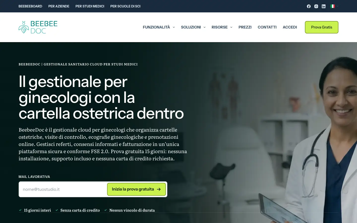 Pagina di BeebeeDoc dedicata ai ginecologi, con il titolo sul gestionale con la cartella ostetrica e il modulo per iniziare la prova gratuita