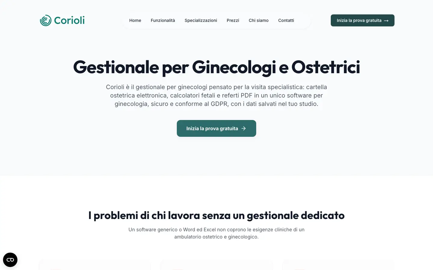 Pagina di Corioli dedicata al gestionale per ginecologi e ostetrici, con il titolo e il pulsante per la prova gratuita