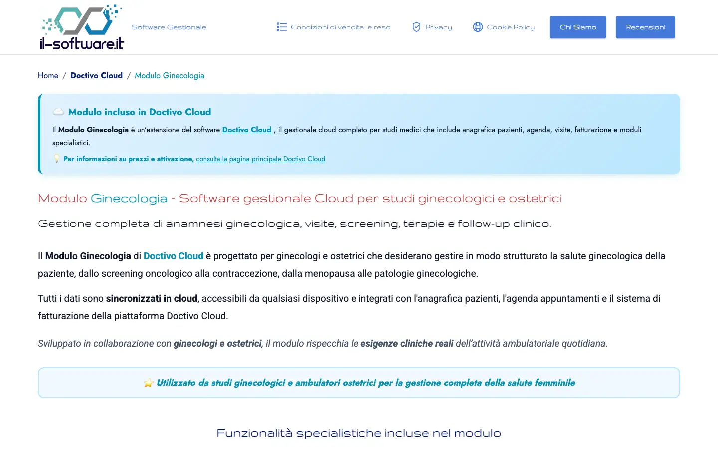 Pagina del Modulo Ginecologia di Doctivo Cloud sul sito il-software.it, con la presentazione del modulo incluso nel gestionale