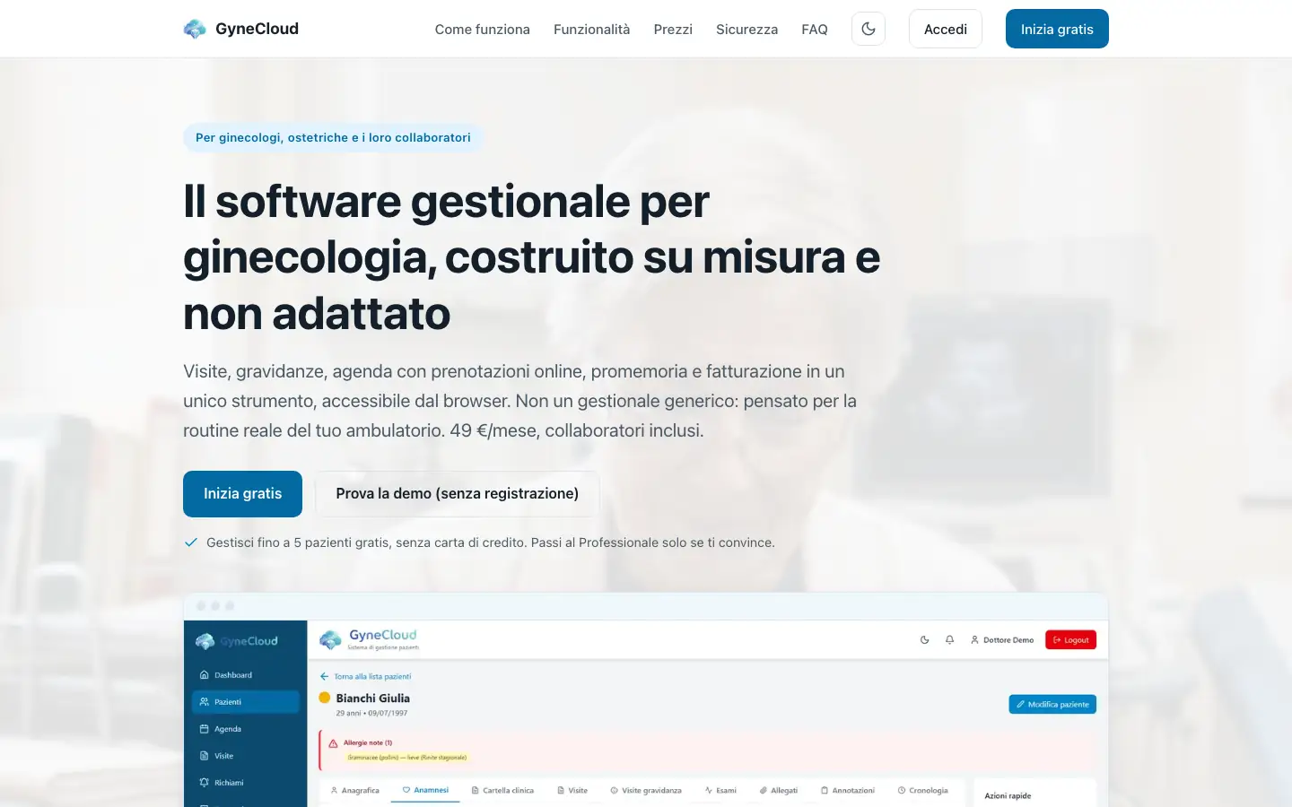 Homepage di GyneCloud, gestionale cloud per ginecologia e ostetricia, con l'anteprima della scheda di una paziente di esempio