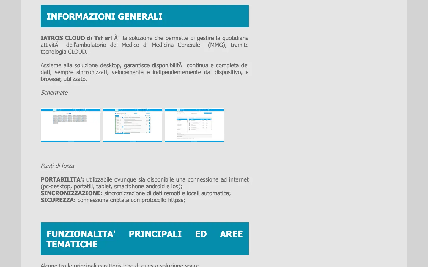 Pagina ufficiale di Iatros Cloud con informazioni generali, schermate e punti di forza: portabilità, sincronizzazione e sicurezza