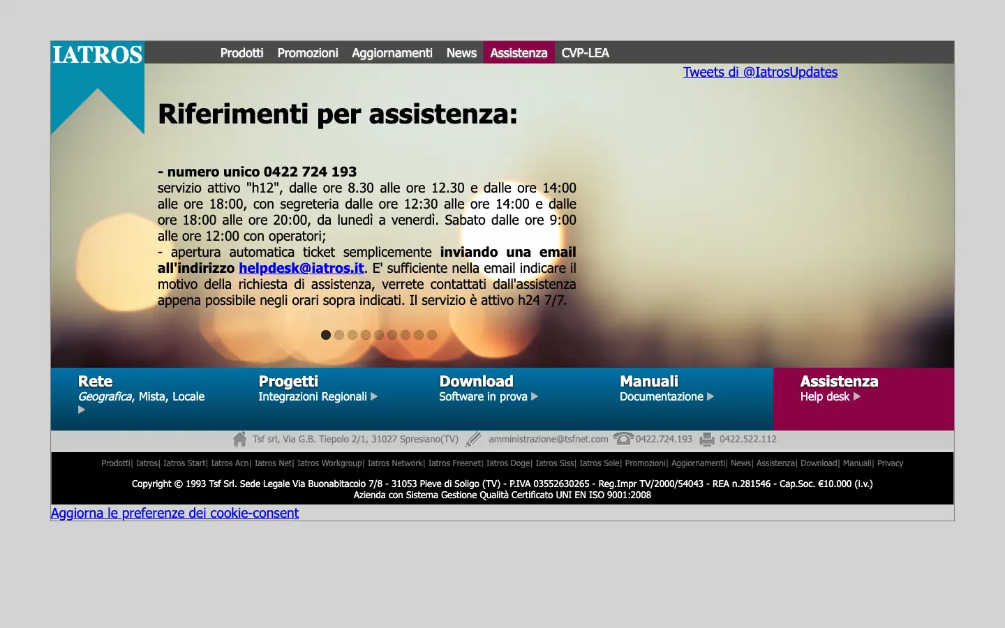 Homepage del sito ufficiale di Iatros con i riferimenti per l'assistenza e le sezioni Rete, Progetti, Manuali e Assistenza