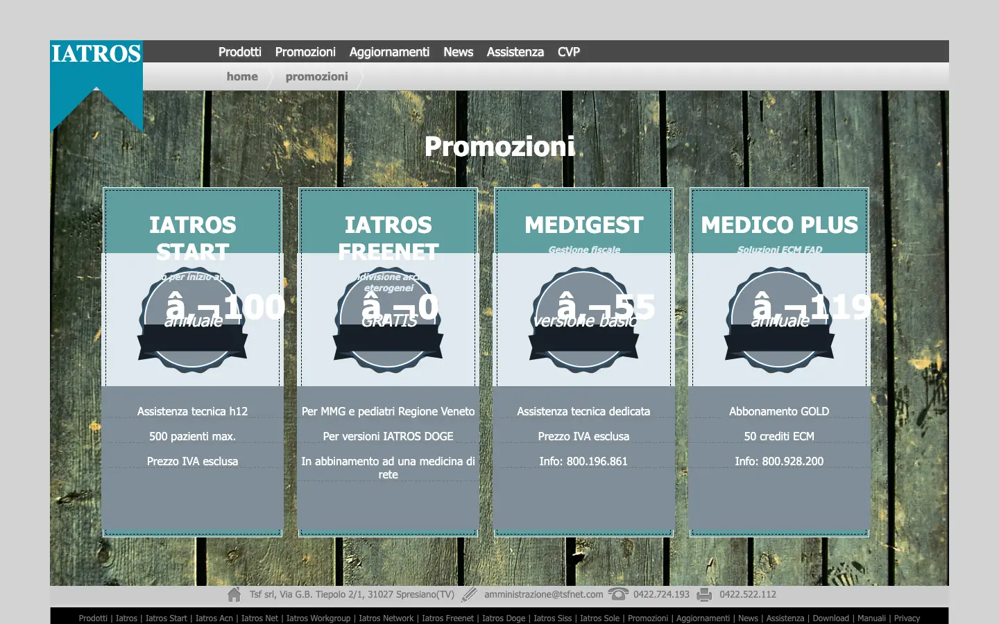 Pagina Promozioni del sito Iatros con Iatros Start a 100 euro annuali, Iatros Freenet gratuito, Medigest e Medico Plus
