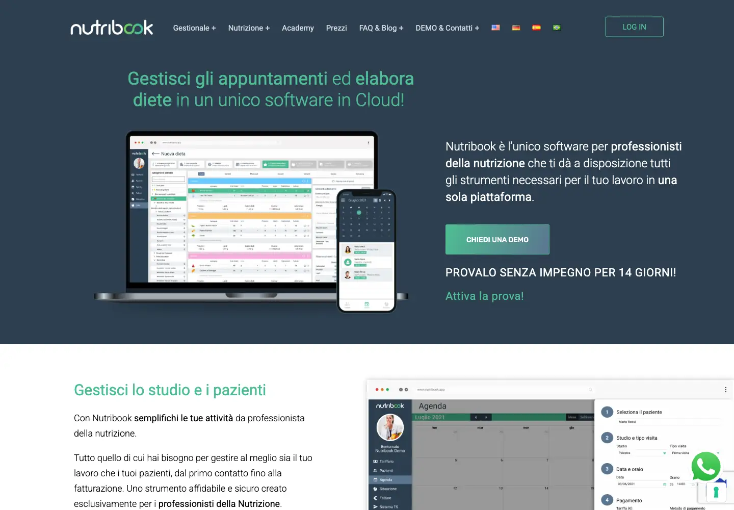 Homepage Nutribook con presentazione del software cloud per appuntamenti e diete
