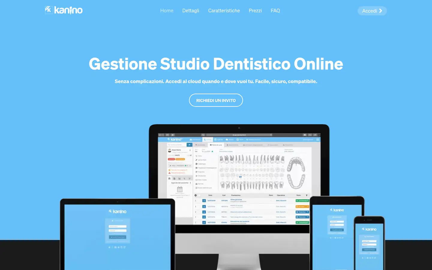 Homepage di Open Kanino con il titolo Gestione Studio Dentistico Online e il pulsante Richiedi un invito