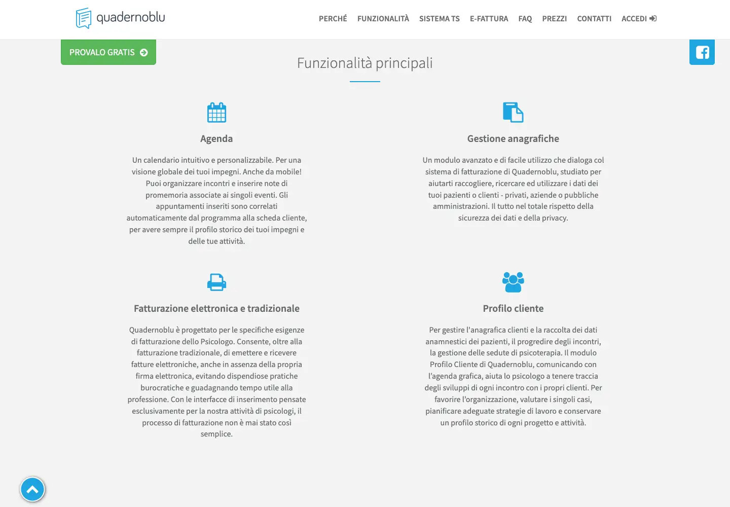 Sezione Funzionalità principali di Quadernoblu con agenda, gestione anagrafiche, fatturazione elettronica e tradizionale e profilo cliente