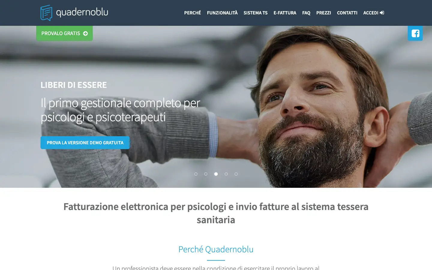 Homepage di Quadernoblu con il messaggio di presentazione del gestionale per psicologi e psicoterapeuti