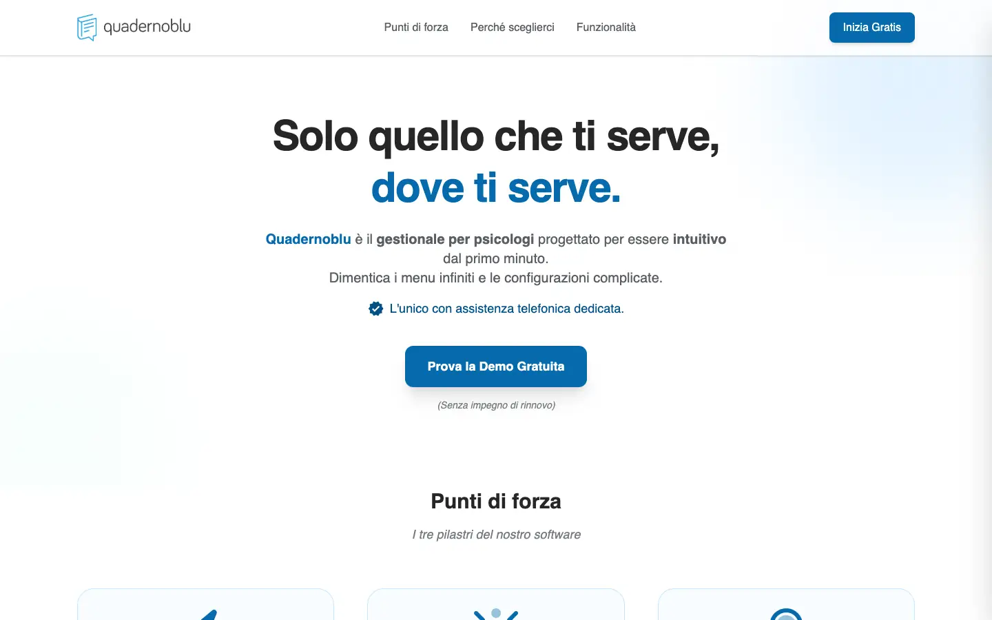 Landing page di Quadernoblu con il messaggio sulla semplicità e sull'assistenza telefonica dedicata
