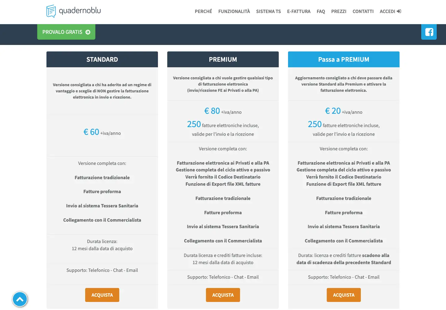 Listino di Quadernoblu con le licenze Standard, Premium e il passaggio a Premium