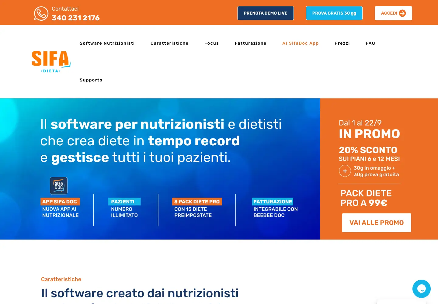 Homepage SifaDieta con presentazione del software nutrizionale e dei servizi aggiuntivi