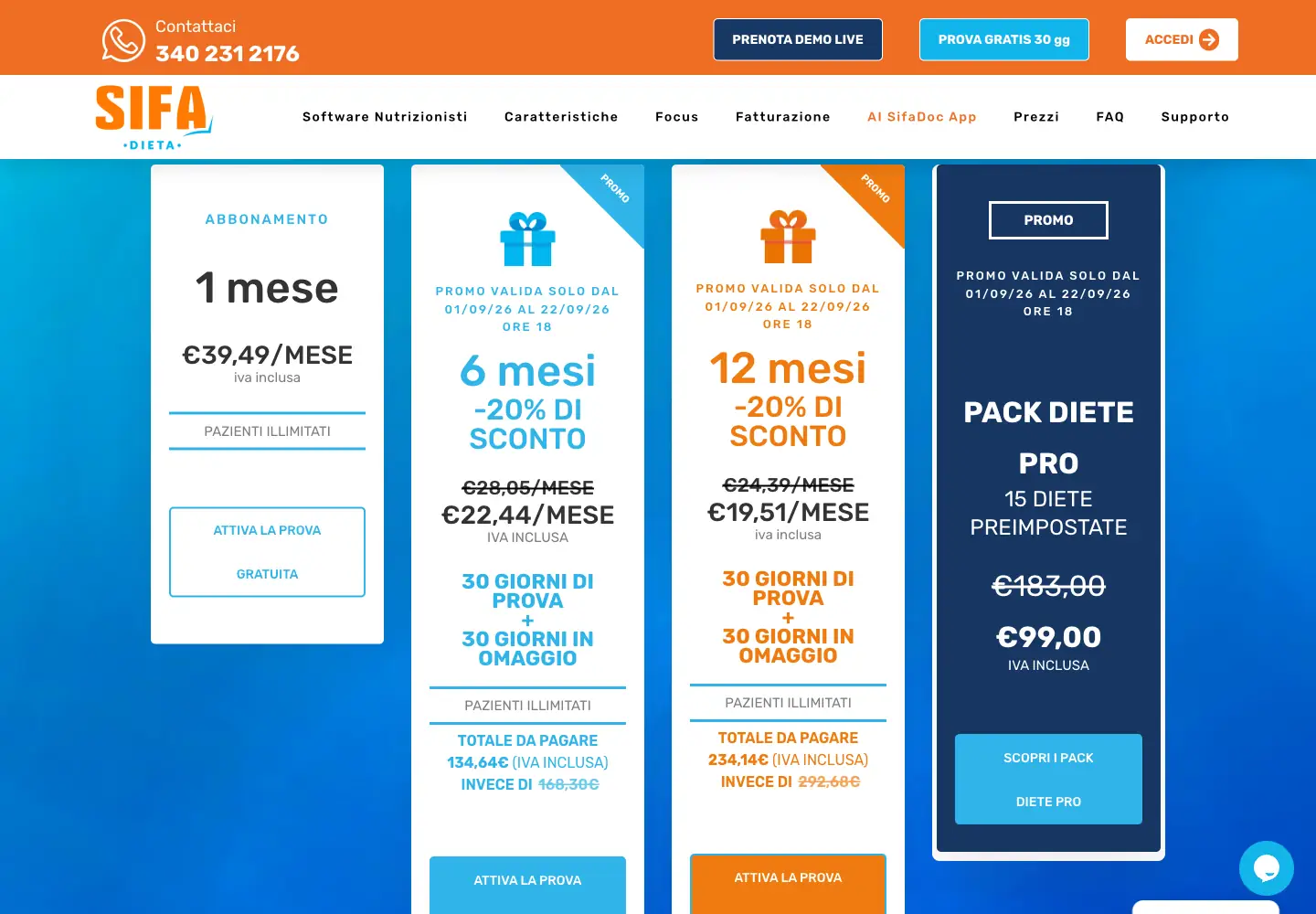 Listino pubblico SifaDieta con piano mensile e promozione sui piani semestrale e annuale