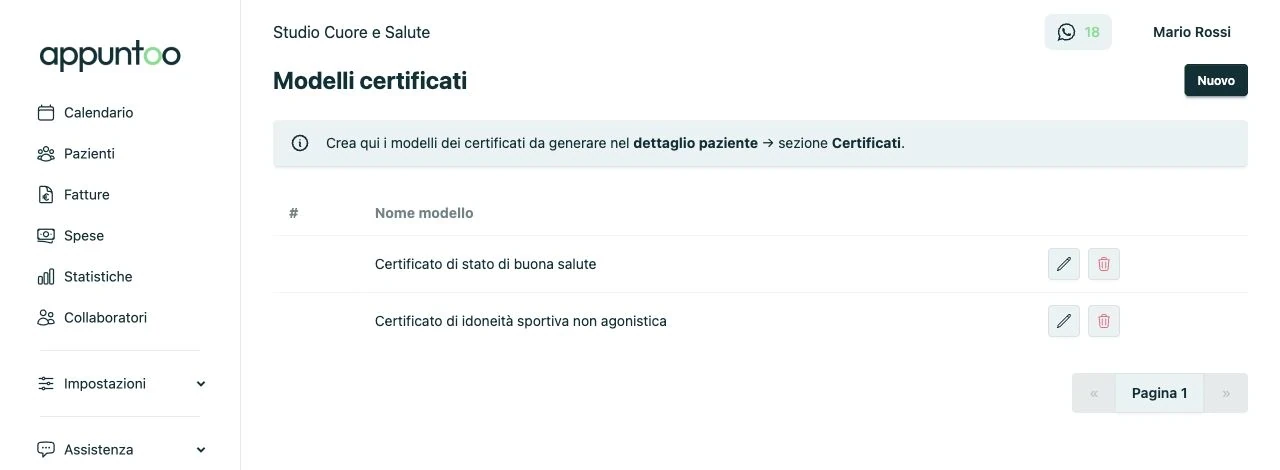 Lista modelli certificati in Appuntoo con certificato di stato di buona salute e idoneità sportiva