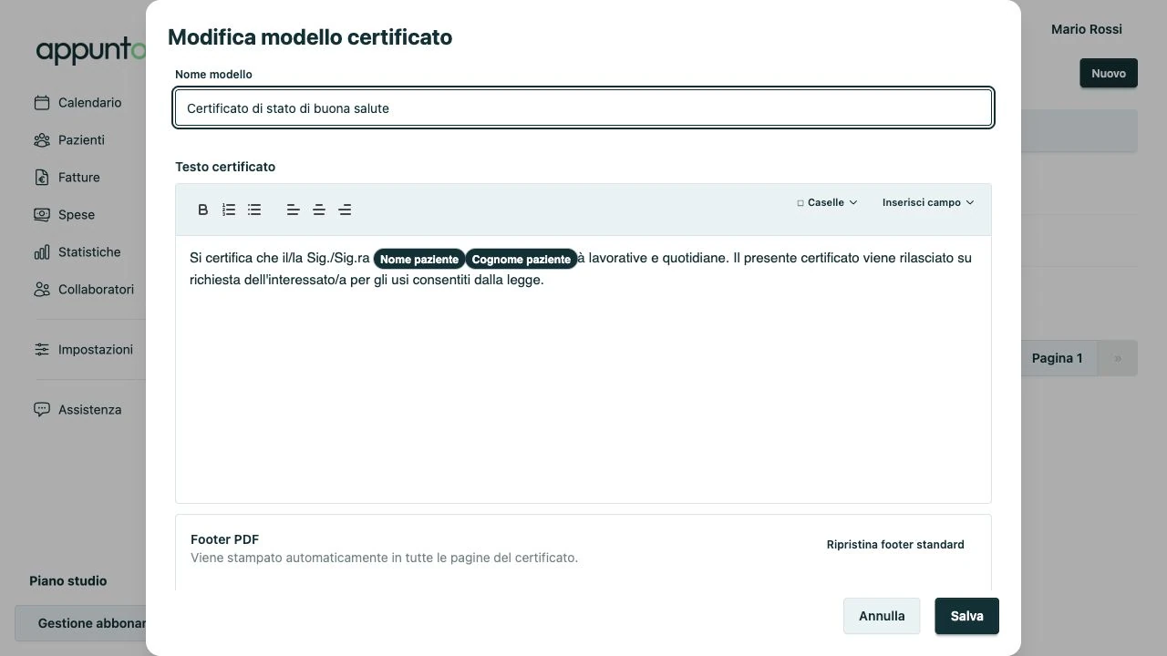 Editor certificato medico Appuntoo con testo formattato e segnaposto Nome paziente e Cognome paziente