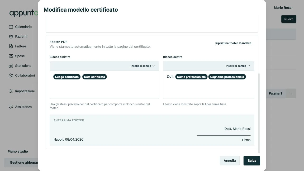 Footer PDF certificato con segnaposto luogo, data, nome professionista e linea firma