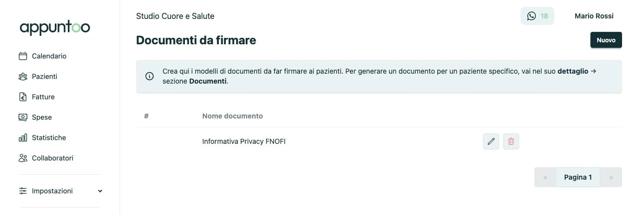Lista documenti da firmare in Appuntoo con modello Informativa Privacy FNOFI