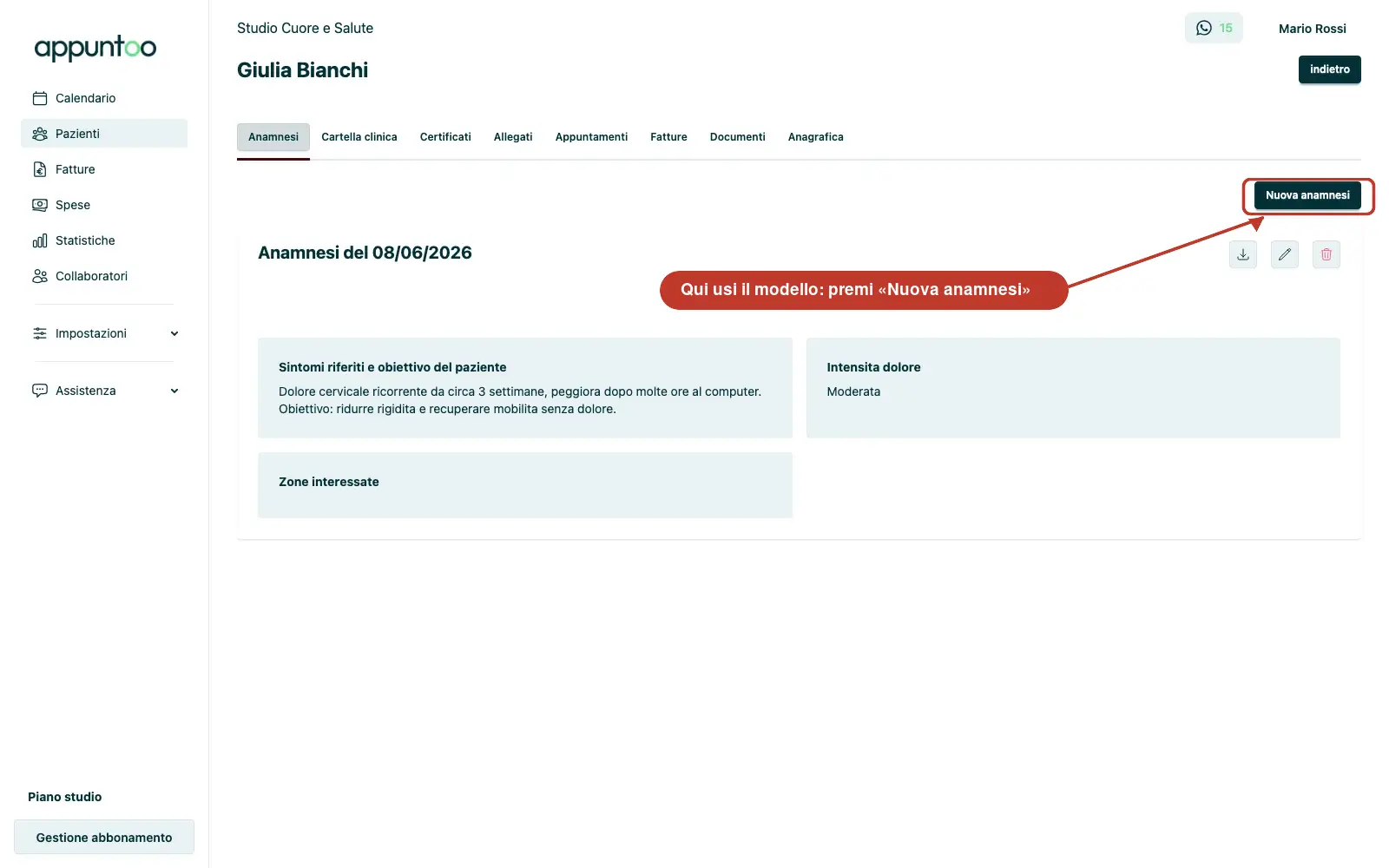 Scheda paziente, tab Anamnesi, con il pulsante Nuova anamnesi evidenziato