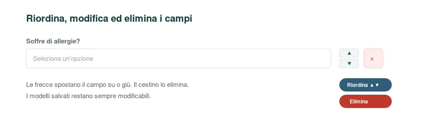 Campo nell'anteprima con le frecce per riordinare e il cestino per eliminare