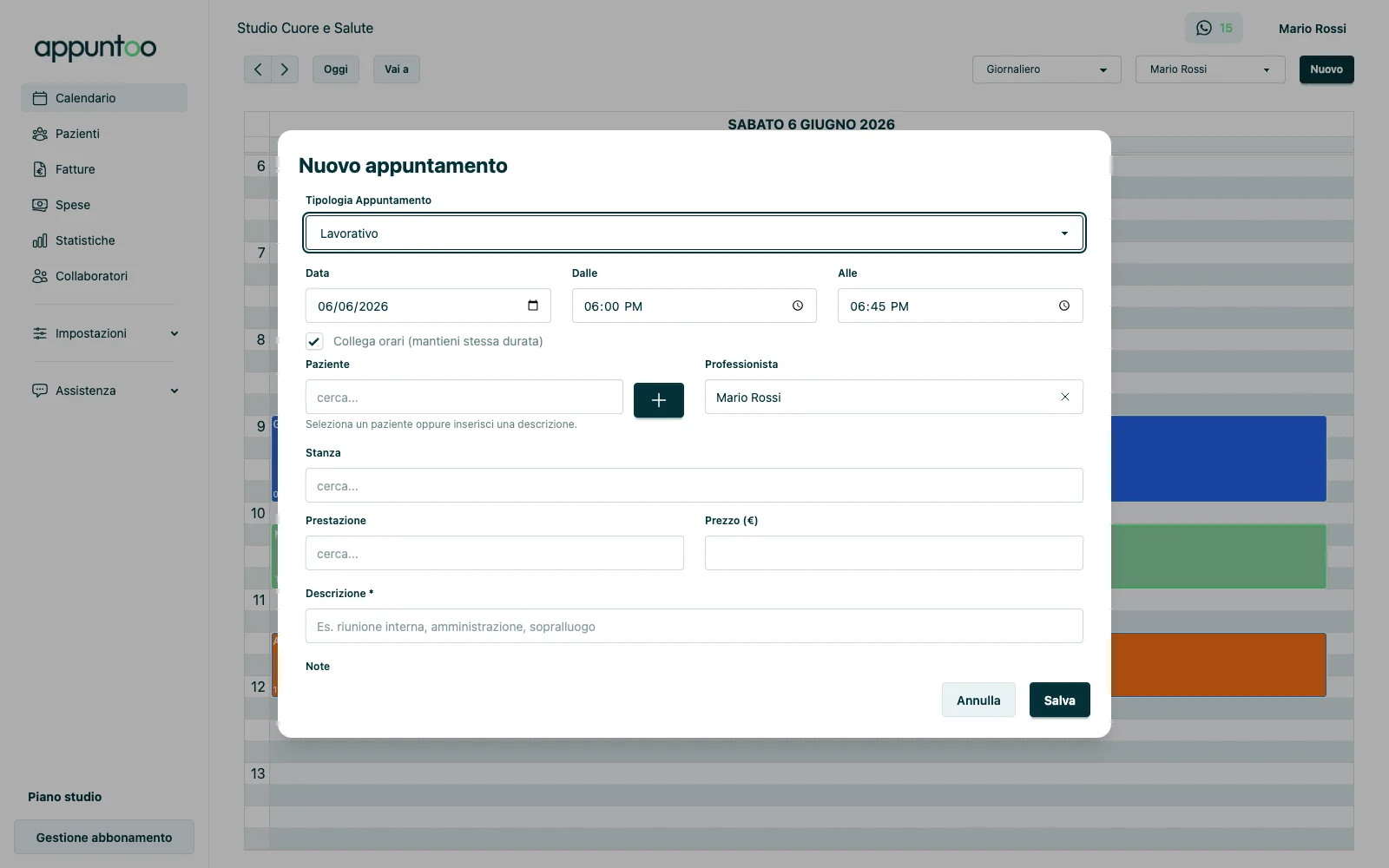 Modale nuovo appuntamento in Appuntoo con data, orari, paziente, professionista e stanza