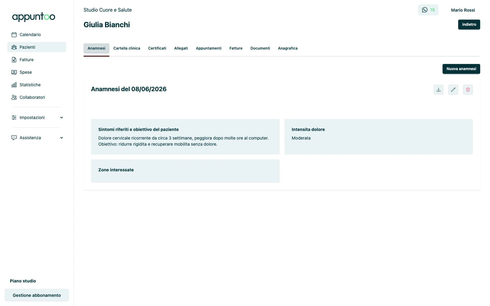 Tab Anamnesi della scheda paziente con anamnesi compilata