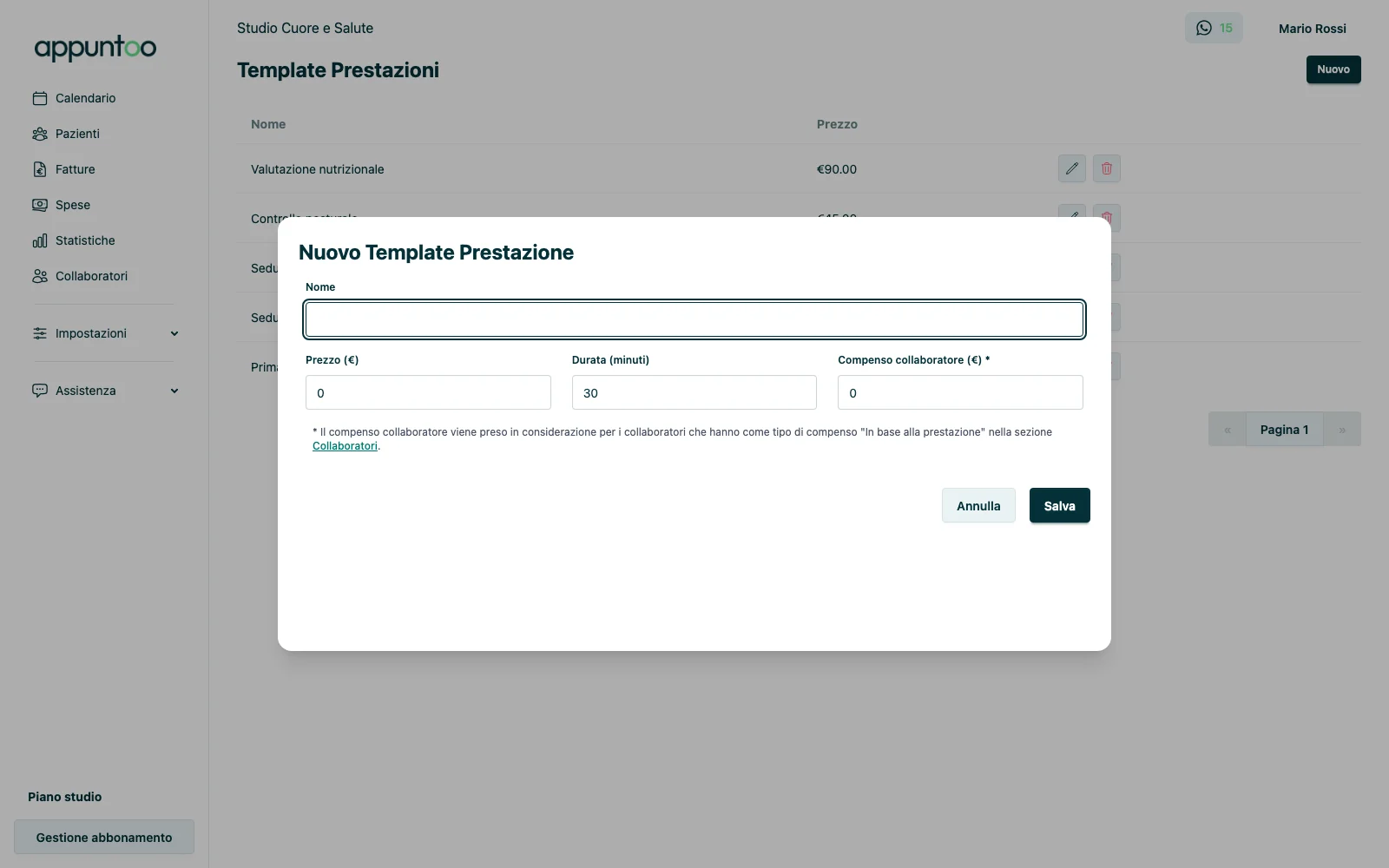 Form nuova prestazione in Appuntoo