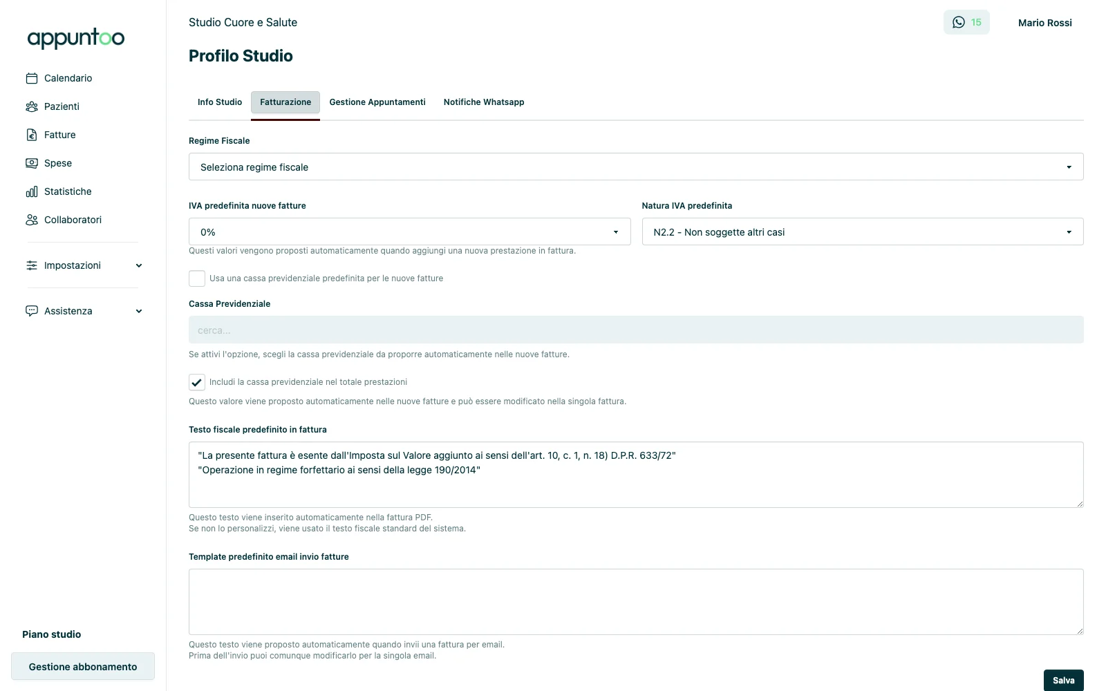 Profilo studio Appuntoo sezione fatturazione